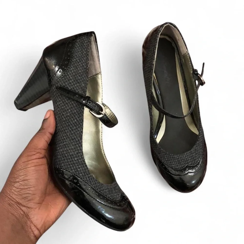 Y2K Black Wingtip Plaid Gothic schoolgirl leather Mary jane heels pumps oxford